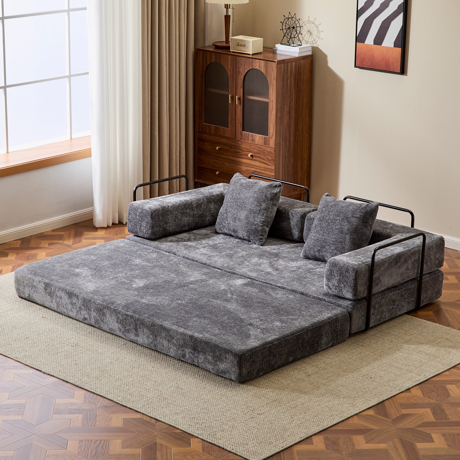 Floor Couch,Compression Sofa,Convertible Floor Sofa Bed-with Pillow Back Support Armrest,Comfy Futon Couch Lounge Sleeper Bed (DARK-GREY)_voghion.com